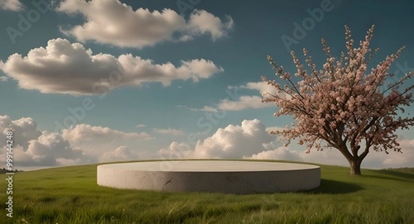 Fototapeta Natural podium product display backdrop with dreamy spring field background