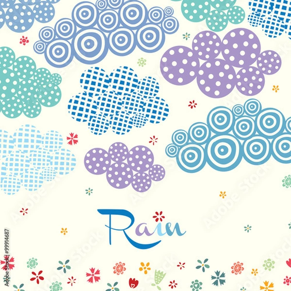 Obraz Cute spring card with decorative clouds and flowers.