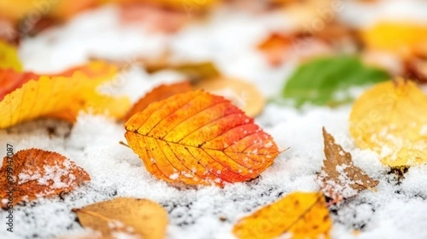 Fototapeta Bright orange and yellow autumn leaves lie on a blanket of fresh snow, illustrating the contrast between the warm and cold seasons