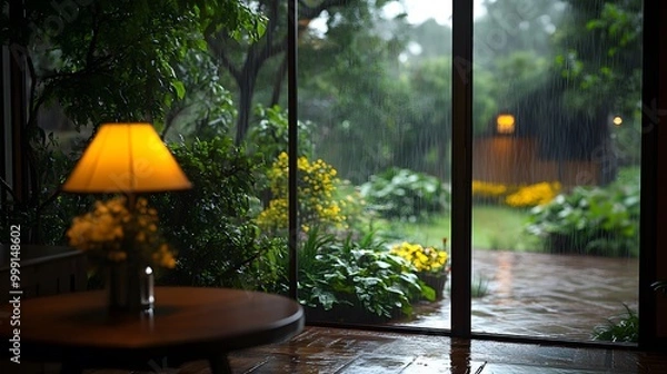 Fototapeta A lamp glows on a table near a window as rain falls outside, creating a cozy atmosphere.