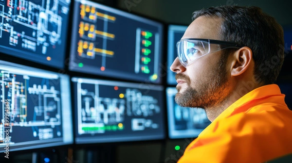 Fototapeta A focused engineer wearing safety glasses intently analyzes data on multiple screens, showcasing high tech environment. His concentration reflects importance of precision in engineering tasks