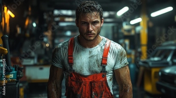 Obraz Portrait of a Dirty Mechanic in a Garage Generative AI