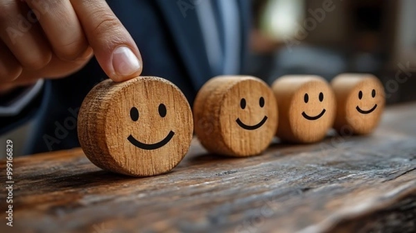 Fototapeta A businessman's hand is pointing to a wooden smiley face, representing customer satisfaction.