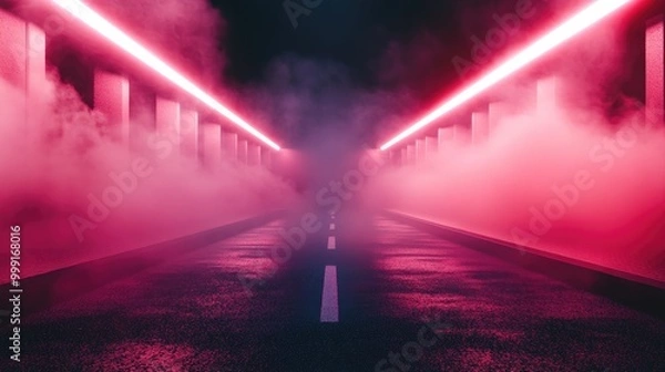 Fototapeta Abstract technology in a dark red empty street with asphalt featuring a studio room with floating smoke in the interior transportation background neon lighting spotlight laser effects and futuristi