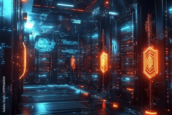 Fototapeta A high-tech network security setup, with servers protected by glowing shields and layers of defense protocols.