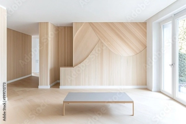 Fototapeta A picture of a japandi interior living room with a wall finished with wood panels. Generative AI
