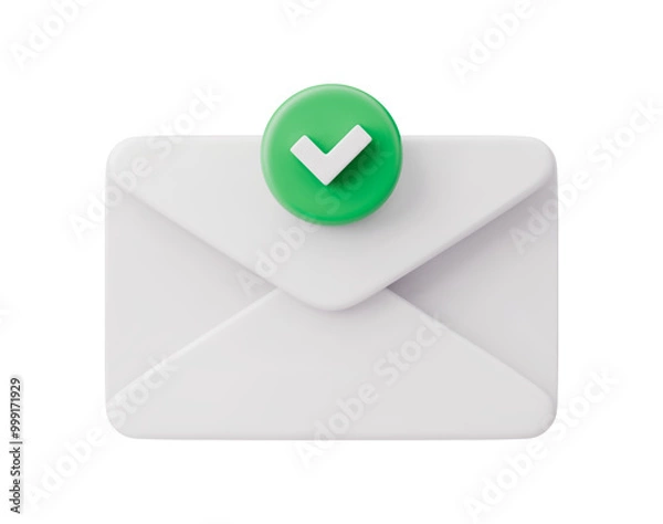 Fototapeta White realistic mail with check mark. Green tick in envelope. Realistic 3D verified letter. Notification, communication icon. Isolated message on a white background.