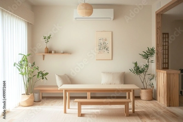 Fototapeta Photographed wood furniture and interior decorations from a Scandinavian interior and a japandi interior combination. Generative AI
