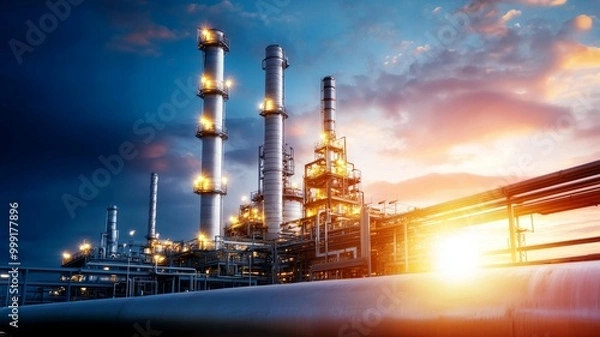 Fototapeta A large industrial plant with a sunset in the background