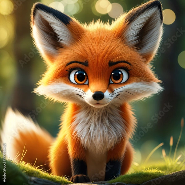 Fototapeta Cartoon fox with vibrant orange fur and large, expressive eyes, sitting on the grass in a forest setting.