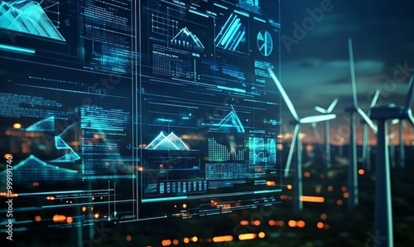 Fototapeta Digital Interface Showcasing Green Tech Projects with Renewable Energy Data