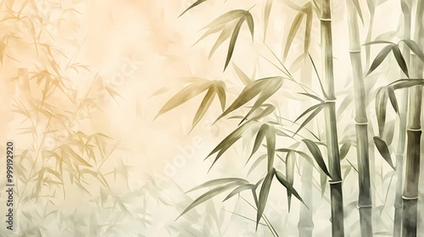 Fototapeta Serene, soft pastel, a detailed close up of a watercolor painting capturing the tranquility of a bamboo forest surrounded by a vintage pastel nature pattern background. Bamboo Forest. Illustration