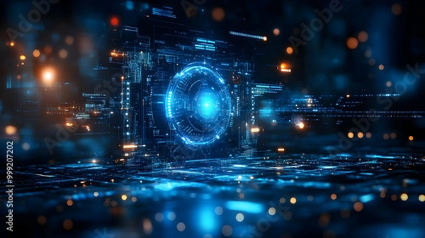 Fototapeta Digital Interface with Glowing Lines and Blue Light, Futuristic Technology Design