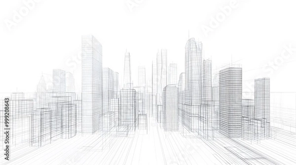 Fototapeta Abstract wireframe city background. Perspective 3D render of building wireframe. Vector. 