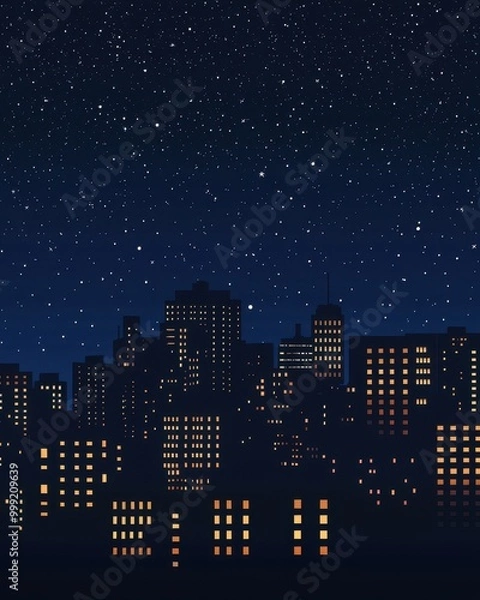 Fototapeta Night Cityscape with Starry Sky, Illuminated Windows, and Silhouettes of Buildings.