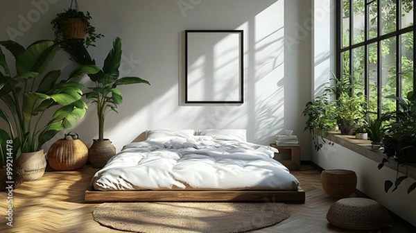 Fototapeta Minimalist Bedroom Design with Plants and Natural Light