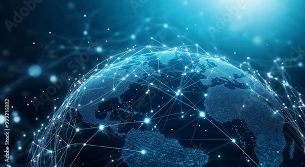 Fototapeta  Blue Digital Globe with Global Network of White Lines and Dots Connecting Nodes Across the Earth, Representing Technology and Connectivity