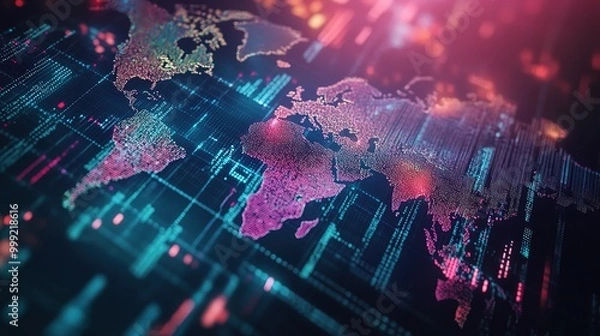 Fototapeta Colorful Digital World Map with Data Visualization Effects