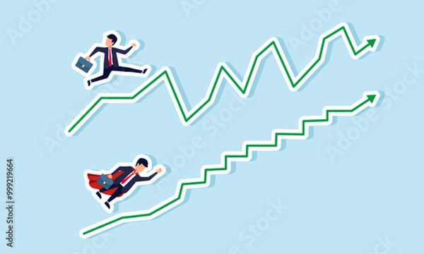 Fototapeta A businessman moves on a fluctuating graph while a super businessman moves on a relatively flat graph, illustrating the performance gap between top and average employees