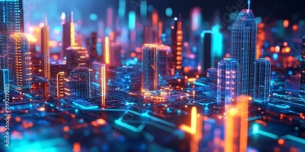 Fototapeta a futuristic cityscape with glowing towers, advanced energy grids, and dynamic, AI-driven public spaces.