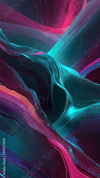 Fototapeta A dreamscape of fluid, holographic structures stretches into the distance, glowing with iridescent hues of cyan, magenta, and silver