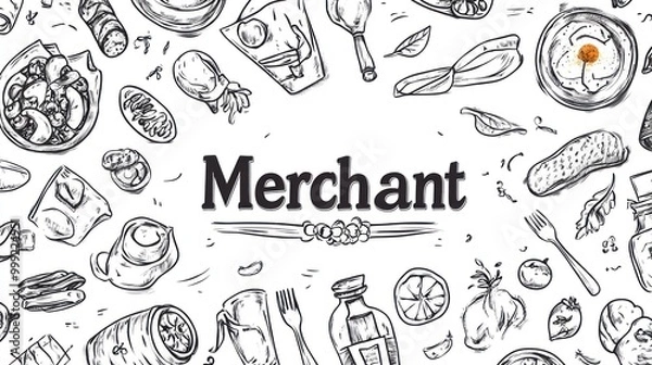 Fototapeta Hand Drawn Sketch of Various Groceries with 'Merchant' Title