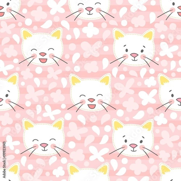 Fototapeta White kitten vector seamless pattern. 