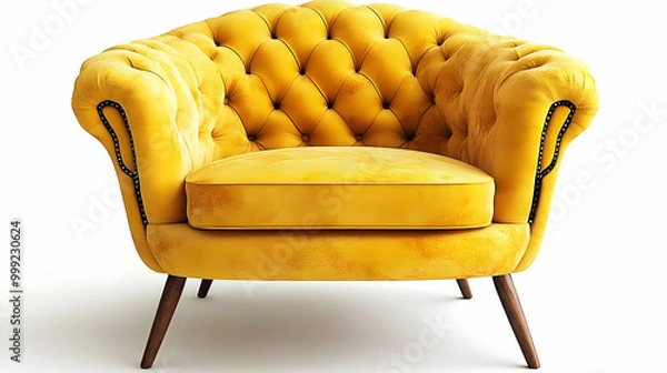 Obraz Yellow Velvet Upholstered Armchair with Button Tufting