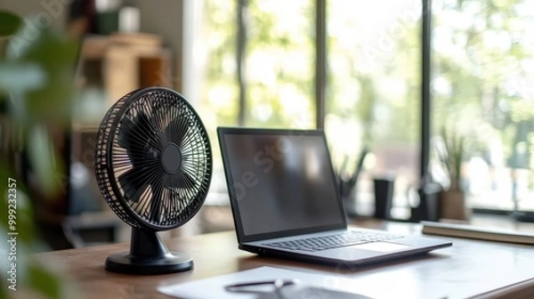 Fototapeta Comfortable home office setup with laptop and fan