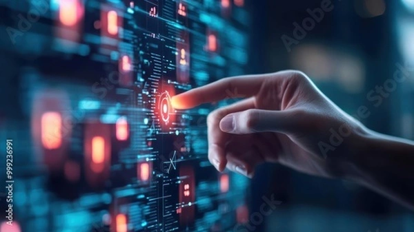 Fototapeta A close-up of a hand interacting with a futuristic digital interface, showcasing technology and innovation.