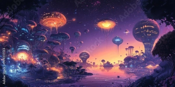 Fototapeta Futuristic alien world featuring interconnected smart cities, organic tech structures, and a vibrant, glowing atmosphere.