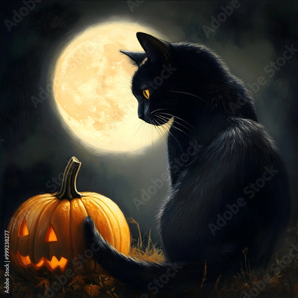 Fototapeta halloween cat with pumpkin
