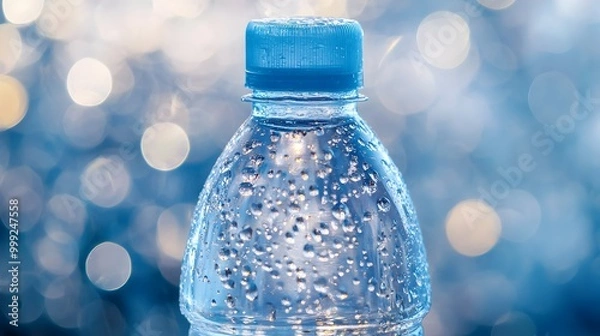 Fototapeta Close up photograph of a clear plastic bottle filled with refreshing hydrating water against a bright background
