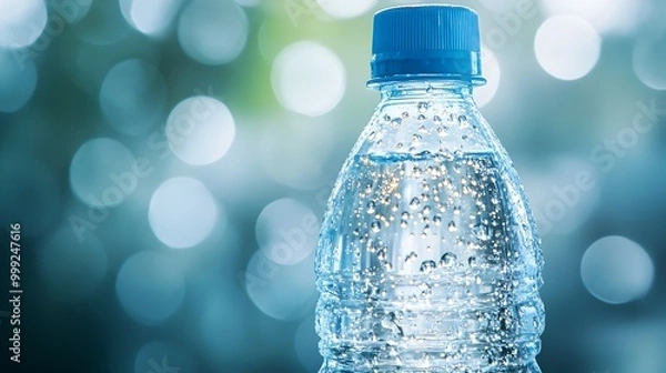 Fototapeta Close up Photograph of a Transparent Plastic Water Bottle Filled with Refreshing Liquid Showcasing Condensation Droplets on the Surface Against a Bright and Vibrant Background