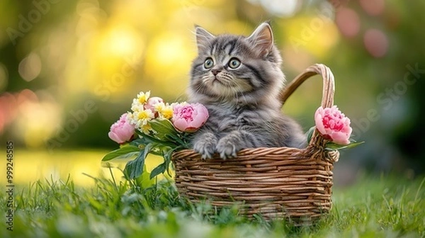 Fototapeta A small gray fluffy kitten of the Scottish breed sits in a wicker basket with a bouquet of peonies and looks sideways on the green grass