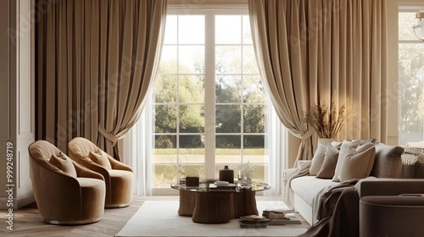 Obraz Cozy and inviting living room with elegant thick velvet curtains drawn back with decorative tiebacks framing a beautiful view outside and adding a touch of luxury to the neutral toned decor