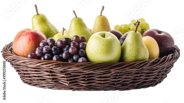 Fototapeta A classic fruit basket filled with apples, grapes, and pears, wrapped neatly and presented against a clean white background.
