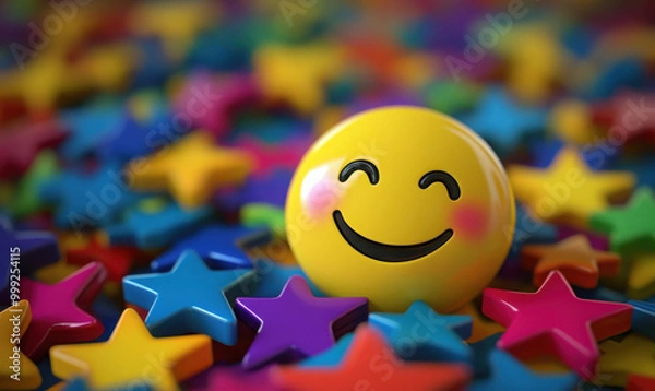 Fototapeta Cheerful yellow smiley face amidst colorful stars, radiating happiness.