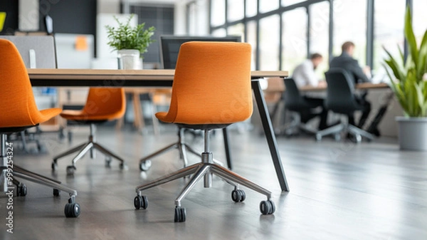 Fototapeta Modern office interior featuring orange chairs and spacious layout, creating vibrant and productive atmosphere. design encourages collaboration and creativity