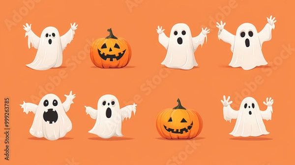 Fototapeta Halloween characters horror vector set design. Halloween character like grim reaper, ghost, pumpkin and Frankenstein.