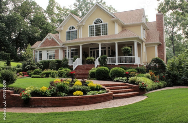 Fototapeta A beautiful home with a large front yard, surrounded by lush green trees and colorful flowers in the flower beds.