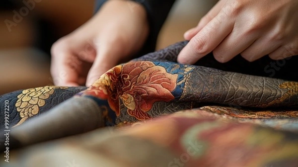 Fototapeta 職人の着物染め：日本の精巧な友禅染の職人技