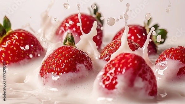 Fototapeta Strawberries are dipped in milk, creating dynamic splashes, shallow depth of field. white background 