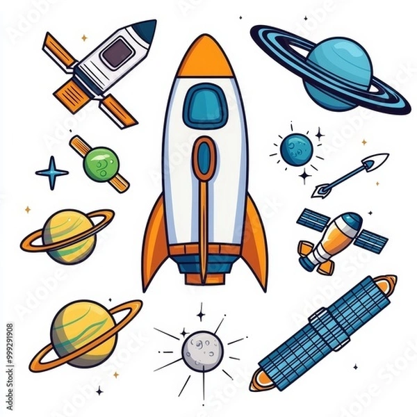 Fototapeta Colorful illustrations of rockets, planets, and stars on a white background, perfect for space-themed projects.