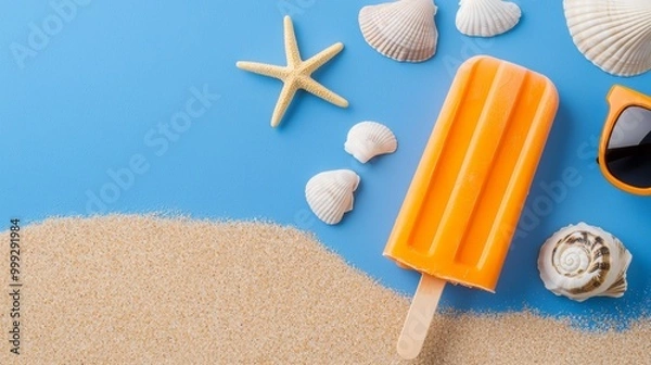 Fototapeta A colorful popsicle lies on sand beside seashells and a starfish, evoking a cheerful beach vibe.
