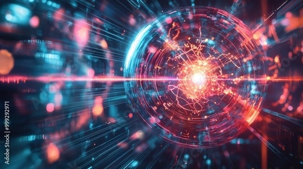 Fototapeta Quantum Fusion Reactor in Futuristic Setting with Glowing Energies and Swirling Particles
