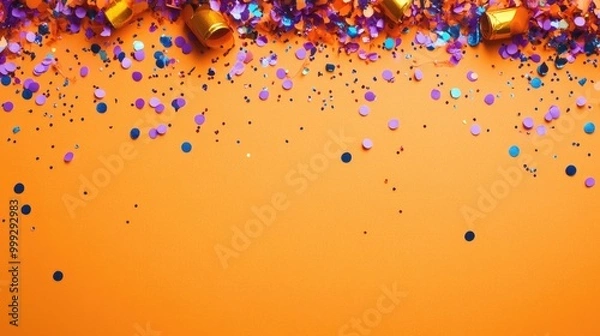 Fototapeta Halloween party flat lay with confetti on orange background copy space top view