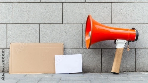 Fototapeta A vibrant orange megaphone rests next to cardboard boxes against a textured stone wall, symbolizing communication and expression.