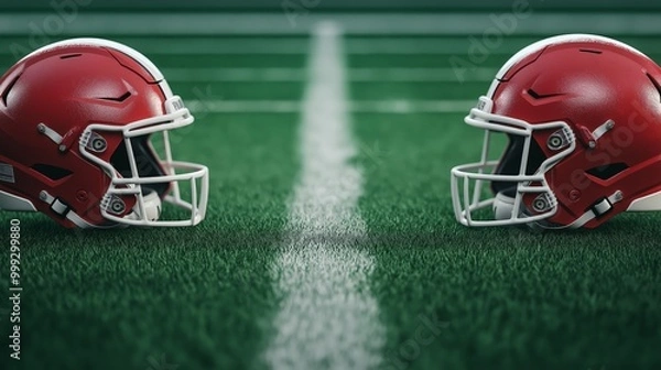 Fototapeta Two red football helmets on a green field, symbolizing competition and teamwork.