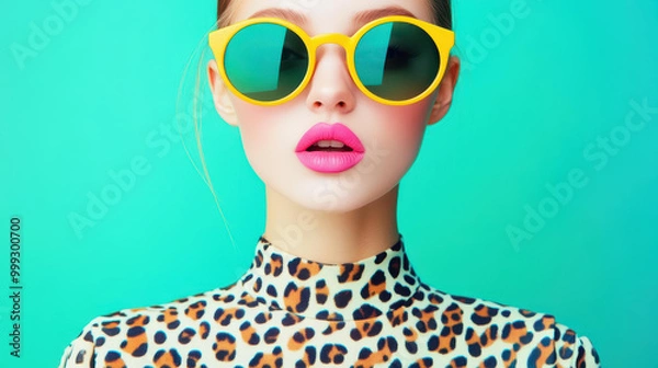 Fototapeta A chic portrait of a style icon in round shades and a leopard dress, showcasing vibrant pink lips in a sleek look.